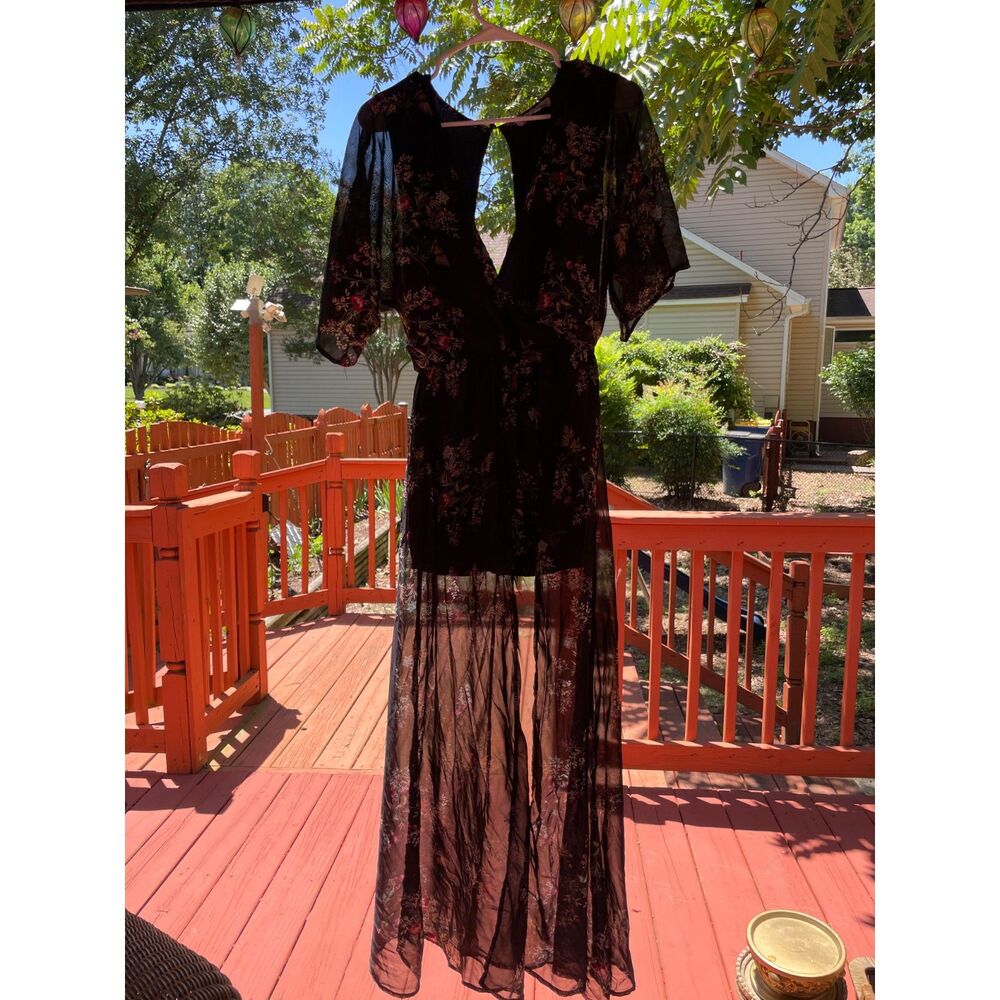 Black Floral Mesh Maxi Dress Small | Sheer Boho Kimono Sleeves | Gothic Romance